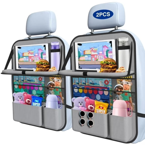 Charefin 2-Pack Car Backseat Organizer with Table Tray,Supports up to 22 lb,9 Storage Pockets with Touch Screen Tablet Holder,foldable Food Tray, Protective Kick Mats,Travel Accessories Organizer