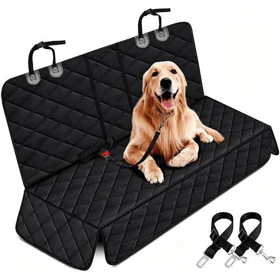 Charefin Large Black Dog Car Back Seat Cover, Pet Seat Protector with 2 Safety Belts, Waterproof