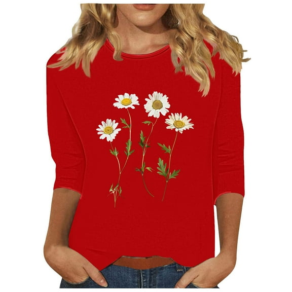 Charella 3/4 Length Sleeve Shirts for Women Cute Flower Graphic Tee Casual Loose Fit Crew Neck Tops (3XL, Red)