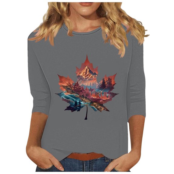 Charella 3/4 Length Sleeve Shirts for Women Cute Flower Graphic Tee Casual Loose Fit Crew Neck Tops (XL, Gray 3)