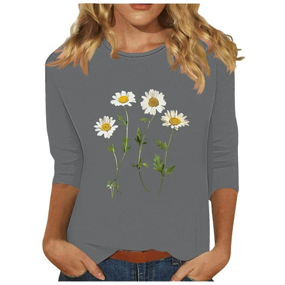 Charella 3/4 Length Sleeve Shirts for Women Cute Flower Graphic Tee Casual Loose Fit Crew Neck Tops (XL, Gray)