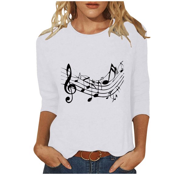 Charella 3/4 Length Sleeve Shirts for Women Cute Note Graphic Tee Casual Loose Fit Crew Neck Ptinted Tops (M, White)