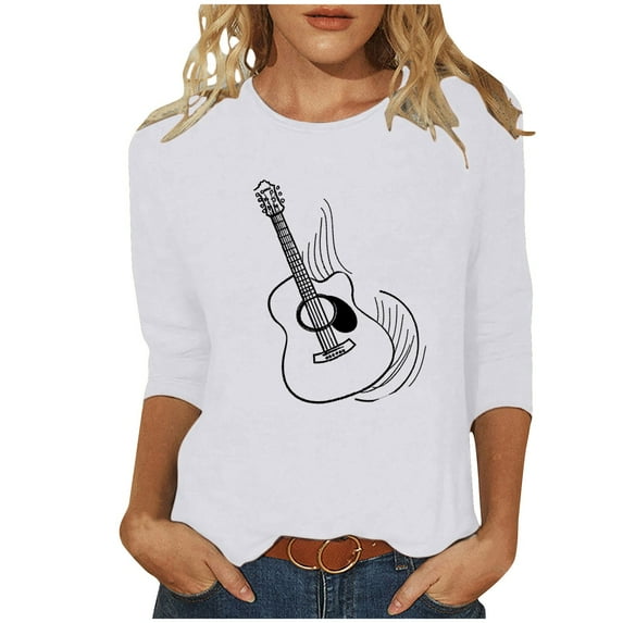 Charella 3/4 Length Sleeve Shirts for Women Cute Note Graphic Tee Casual Loose Fit Crew Neck Ptinted Tops (S, White 2)