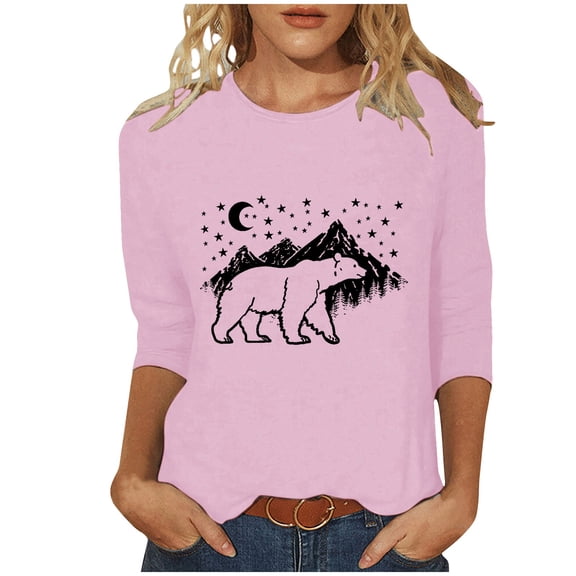 Charella 3/4 Length Sleeve Shirts for Women Polar Bear Graphic Tee Casual Loose Fit Crew Neck Ptinted Tops (4XL, Pink 3)