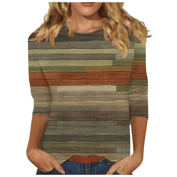 Charella 3/4 Length Sleeve Shirts for Women Striped Printed Crew Neck Tee Casual Loose Fit Color Block Tops (L, Multicolor 6)