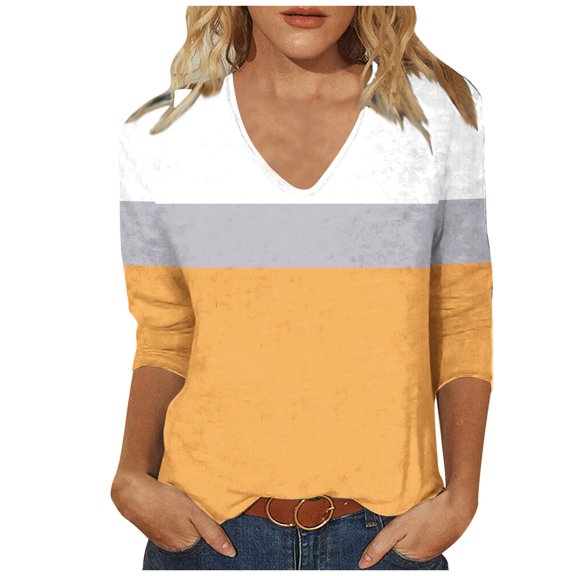 Charella 3/4 Length Sleeve Womens Tops Color Block V Neck Tunic T-Shirts Basic Tees Loose Fit Blouses (2XL, Yellow)