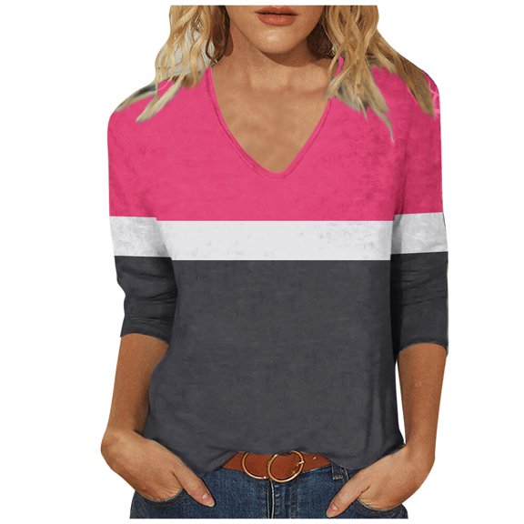Charella 3/4 Length Sleeve Womens Tops Color Block V Neck Tunic T-Shirts Basic Tees Loose Fit Blouses (M, Hot Pink)