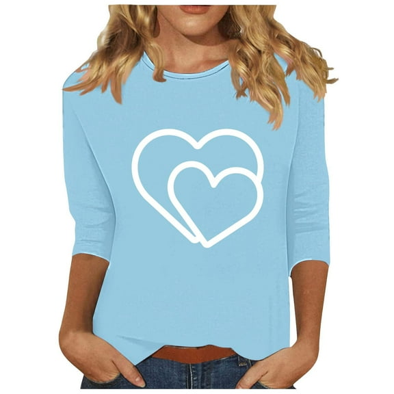 Charella 3/4 Length Sleeve Womens Tops Crew Neck Cute Heart Graphic Tee Casual Loose Fit Shirts Soft Clothes (3XL, Light Blue 3)