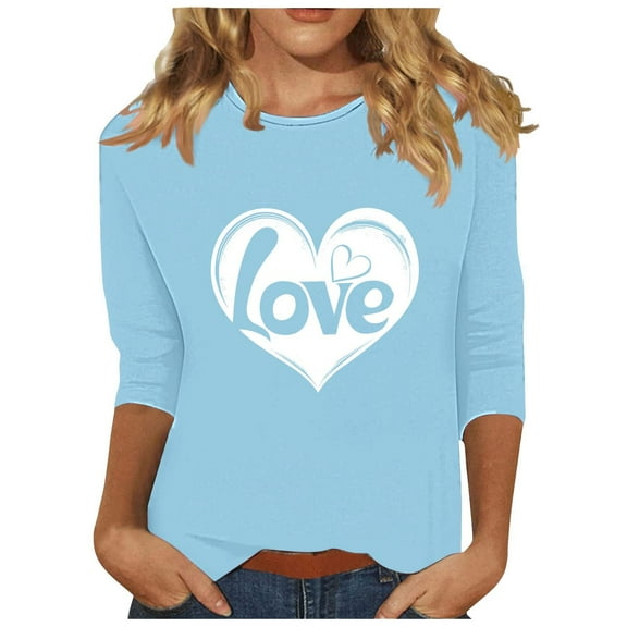 Charella 3/4 Length Sleeve Womens Tops Crew Neck Cute Heart Graphic Tee Casual Loose Fit Shirts Soft Clothes (L, Light Blue 1)