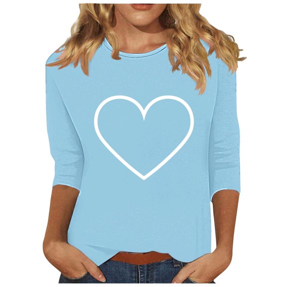 Charella 3/4 Length Sleeve Womens Tops Crew Neck Cute Heart Graphic Tee Casual Loose Fit Shirts Soft Clothes (L, Light Blue)