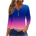 thumbnail image 1 of Charella 3/4 Length Sleeve Womens Tops Gradient Color V Neck Button Shirts Tunic Tee Casual Loose Fit Blouses (XL, Blue 1), 1 of 5