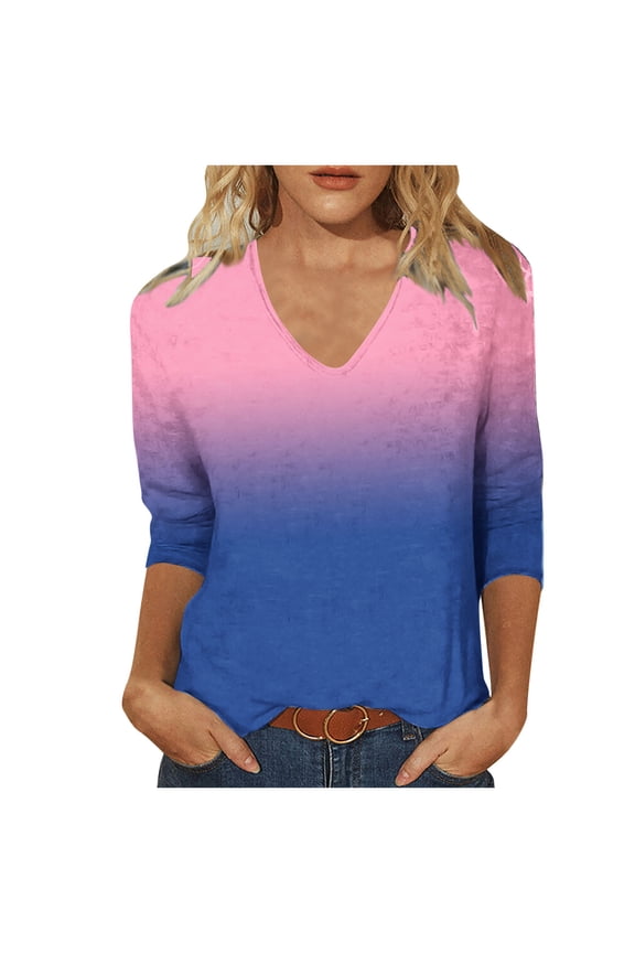 3/4 Length Sleeve Womens Tops Gradient Color V Neck Tunic T-Shirts Basic Tees Loose Fit Blouses (XL, Dark Blue)