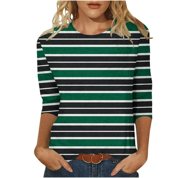 Charella 3/4 Length Sleeve Womens Tops Trendy Striped Crew Neck T Shirts Loose Fit Dressy Casual Basic Tee (L, Army Green)