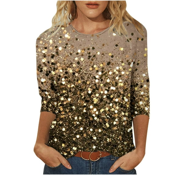 Charella 3/4 Sleeve Tops for Women Crewneck T-shirts Bling Bling Casual Blouse 2024 Spring Summer Tops,Black,XXL