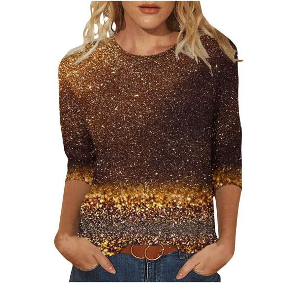 Charella 3/4 Sleeve Tops for Women Crewneck T-shirts Bling Bling Printed Casual Blouse 2024 Spring Summer Tops,Multicolor,XL