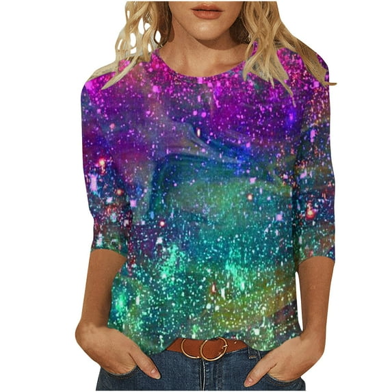 Charella 3/4 Sleeve Tops for Women Crewneck T-shirts Bling Bling Printed Casual Blouse 2024 Spring Summer Tops,Multicolor,XXL