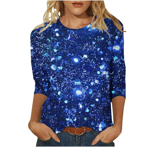 Charella 3/4 Sleeve Tops for Women Crewneck T-shirts Bling Bling Printed Casual Blouse 2025 Spring Summer Tops,Multicolor,S