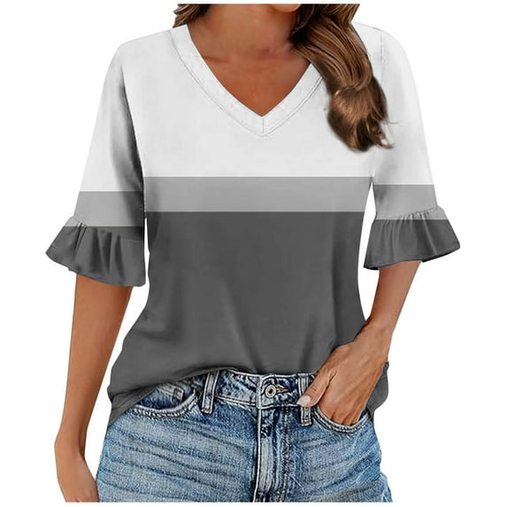 Charella 3/4 Sleeve Tops for Women Fashion Color Block V Nack Ruffle Sleeve Shirts Business Casual Blouses (S, Black)