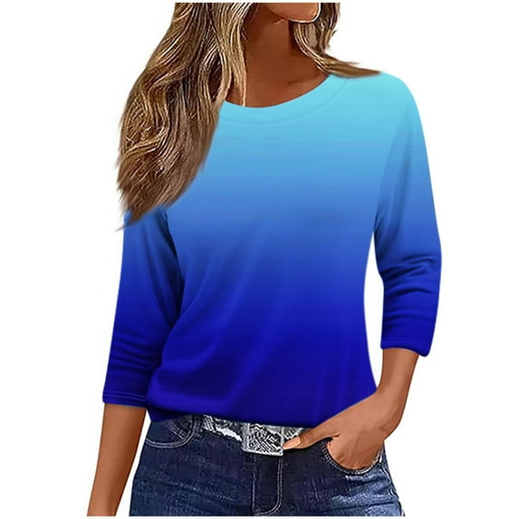 Charella 3/4 Sleeve Tops for Women Gradient Color Crew Neck Tunic T-Shirts Basic Tees Loose Fit Blouses (L, Blue)
