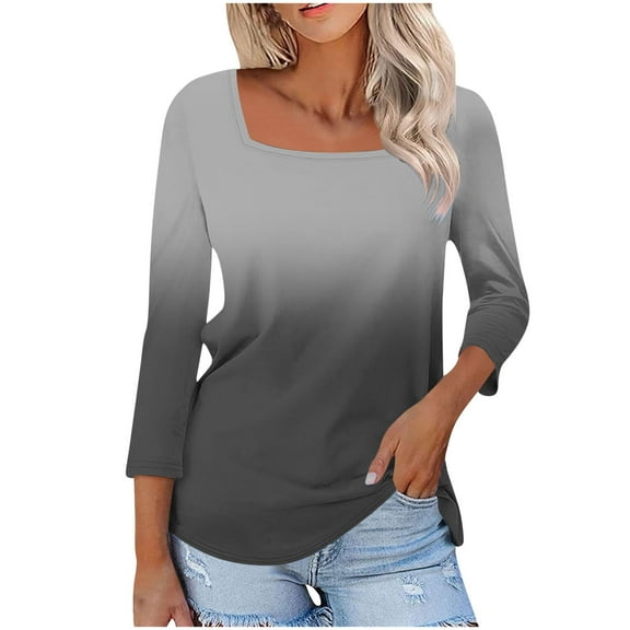 Charella 3/4 Sleeve Tops for Women Gradient Color Square Neck Tunic T-Shirts Basic Tees Casual Fit Blouses (4XL, Black 1)