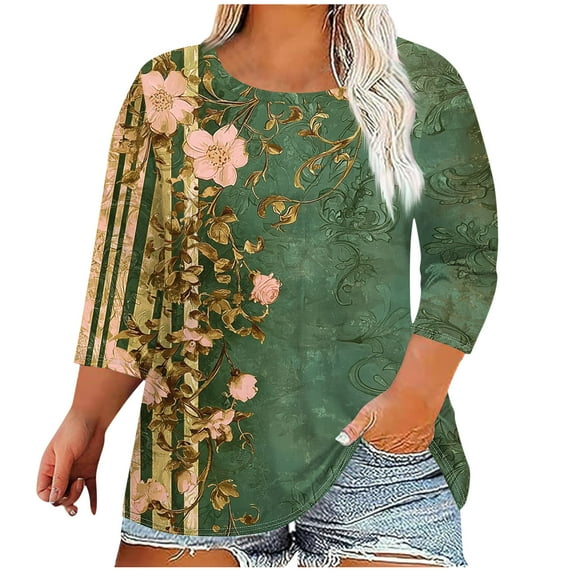 Charella 3/4 Sleeve Tops for Women Plus Size Crew Neck Floral Printed Tee Casual Loose Fit Tunic T-Shirts (5XL, Army Green 1)