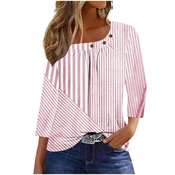 Charella 3/4 Sleeve Tops for Women Printed Square Neck Button Tunic T-Shirts Basic Tees Loose Fit Blouses (XL, Pink)