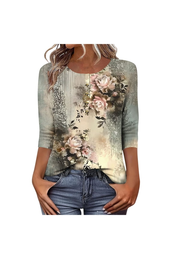 3/4 Sleeve Tops for Women Summer Dressy Casual Button down Crew Neck Shirts Floral Printed Loose Fit Tunic Blouses (M, Khaki)