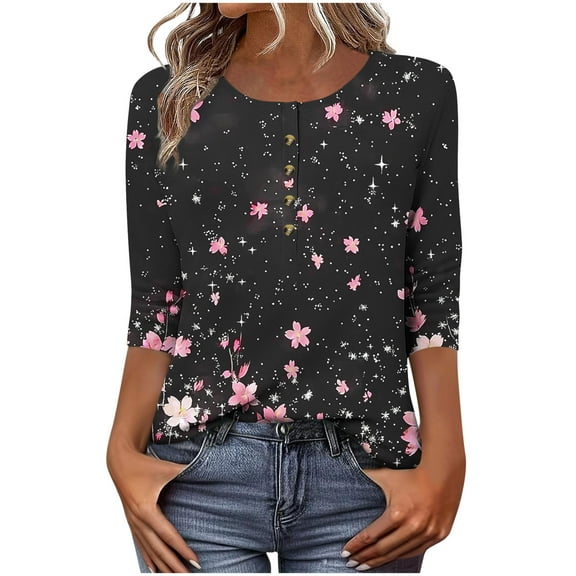 Charella 3/4 Sleeve Tops for Women Summer Dressy Casual Button down Crew Neck Shirts Floral Printed Loose Fit Tunic Blouses (S, Pink 2)