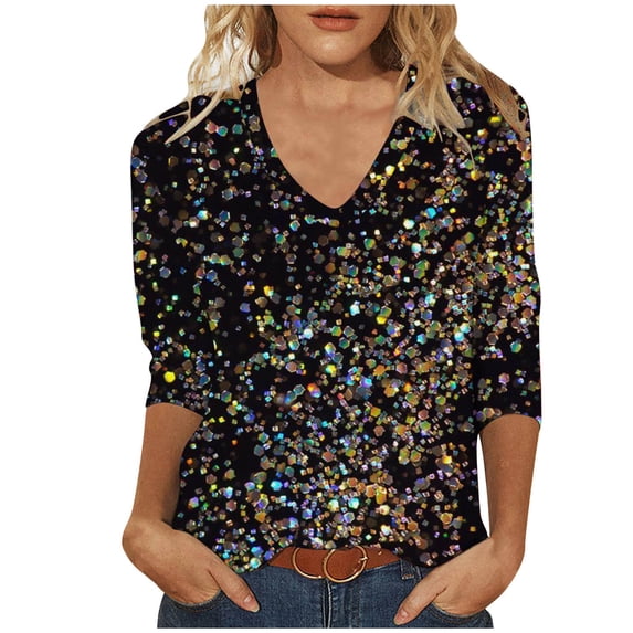 Charella 3/4 Sleeve Tops for Women V-Neck T-shirts Bling Bling Printed Casual 2025 Spring Summer Tops,Black,L