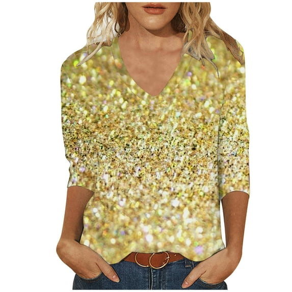 Charella 3/4 Sleeve Tops for Women V-Neck T-shirts Bling Bling Printed Casual 2025 Spring Summer Tops,Gold,S