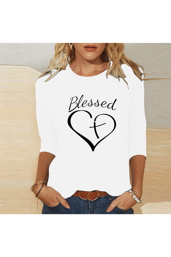 3/4 Sleeves Valentine's Day Printed T-shirt for Women Round Neck Casual Tops Blouse White,10