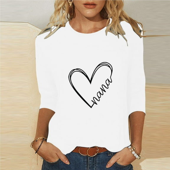Charella 3/4 Sleeves Valentine's Day Printed T-shirt for Women Round Neck Casual Tops Blouse White,4