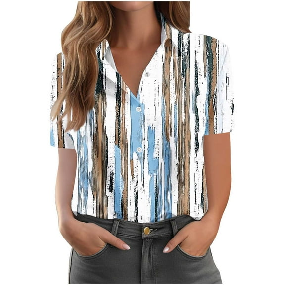 Charella Button down Shirts for Women Dressy Casual Tops Floral Printed Short Sleeve Blouses Summer Basic Tees (5XL, Blue)