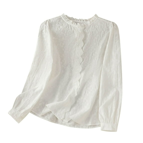Charella Button down Shirts for Women Embroidery Ruffle Crew Neck Long Sleeve Tops Casual Loose Blouses (XL, White)