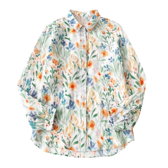 Charella Button down Shirts for Women Floral Printed Long Sleeve Collar Tops Casual Loose Fit Blouses (XL, Multicolor)
