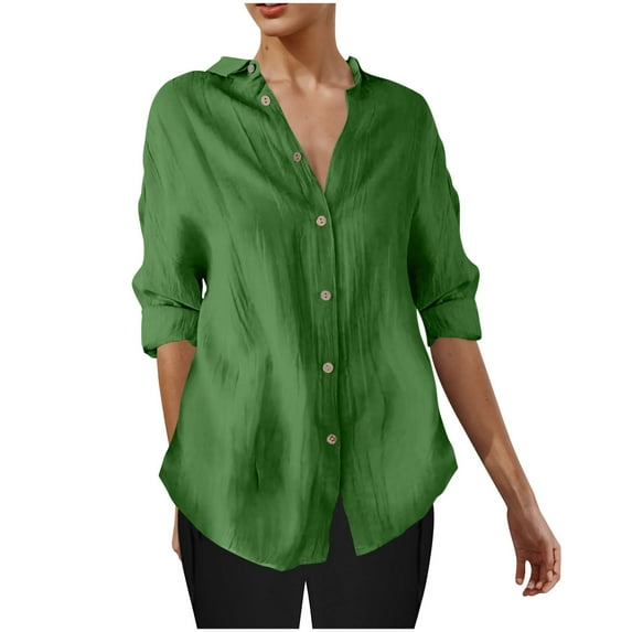 Charella Button down Shirts for Women Oversized Long Sleeve Blouses Casual Loose Fit Tops Solid Color Tee (M, Green)