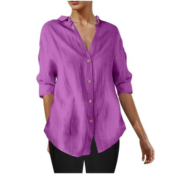 Charella Button down Shirts for Women Oversized Long Sleeve Blouses Casual Loose Fit Tops Solid Color Tee (S, Purple)