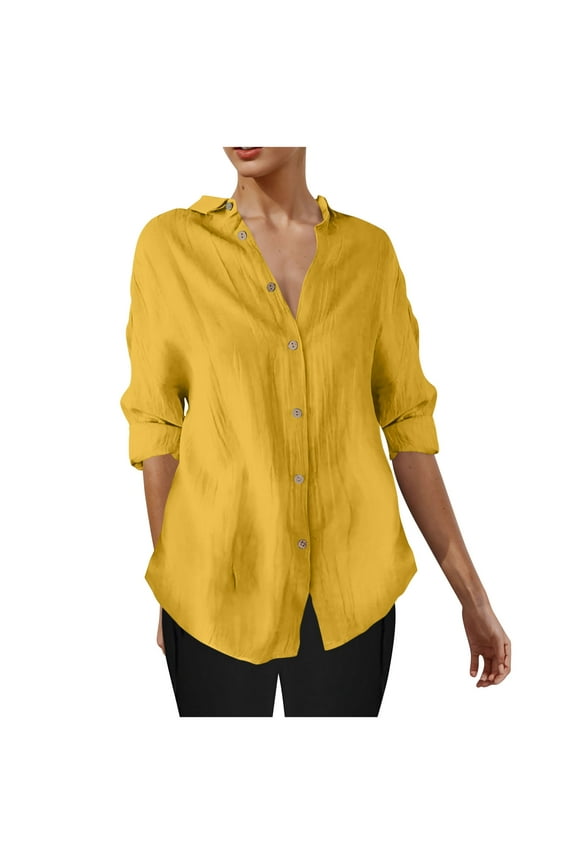 Button down Shirts for Women Oversized Long Sleeve Blouses Casual Loose Fit Tops Solid Color Tee (XL, Yellow)