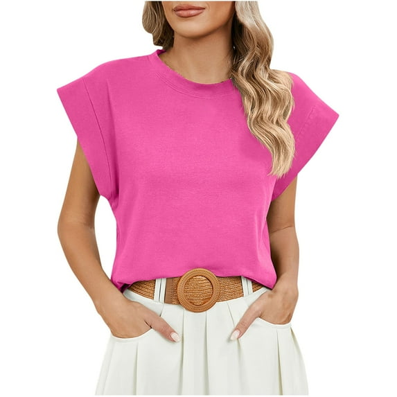 Charella Cap Sleeve Tops for Women Summer Cotton T Shirt Solid Color Basic Tees Casual Tank Loose Fit 2024 Fashion (Small, Hot Pink)