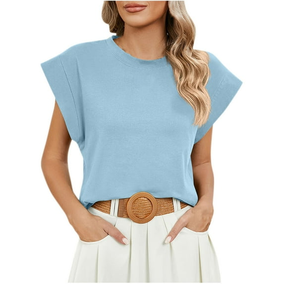 Charella Cap Sleeve Tops for Women Summer Cotton T Shirt Solid Color Basic Tees Casual Tank Loose Fit 2025 Fashion (X-Large, Light Blue)