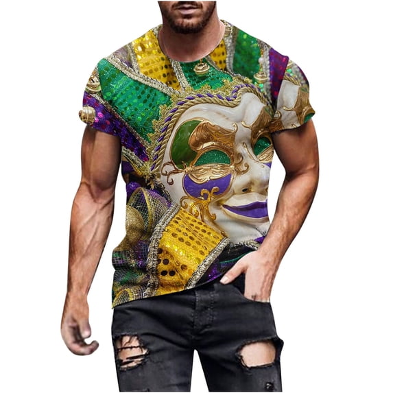Charella Carnival T-shirts for Men Mardi Gras Decorations Short Sleeve Crewneck Tops 2024 Men Clothing Casual Fashion,Green,XXL