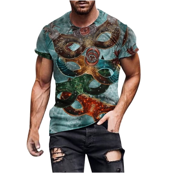 Charella Carnival T-shirts for Men Mardi Gras Decorations Short Sleeve Crewneck Tops 2024 Men Clothing Casual Fashion,Light Blue,XXL