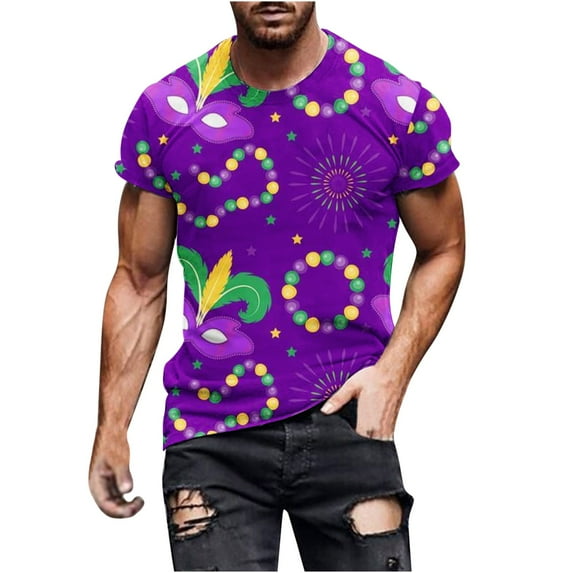 Charella Carnival T-shirts for Men Mardi Gras Decorations Short Sleeve Crewneck Tops 2024 Men Clothing Casual Fashion,Purple,XXXXXL
