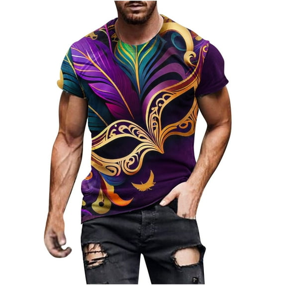 Charella Carnival T-shirts for Men Mardi Gras Decorations Short Sleeve Crewneck Tops 2025 Men Clothing Casual Fashion,Purple,XL