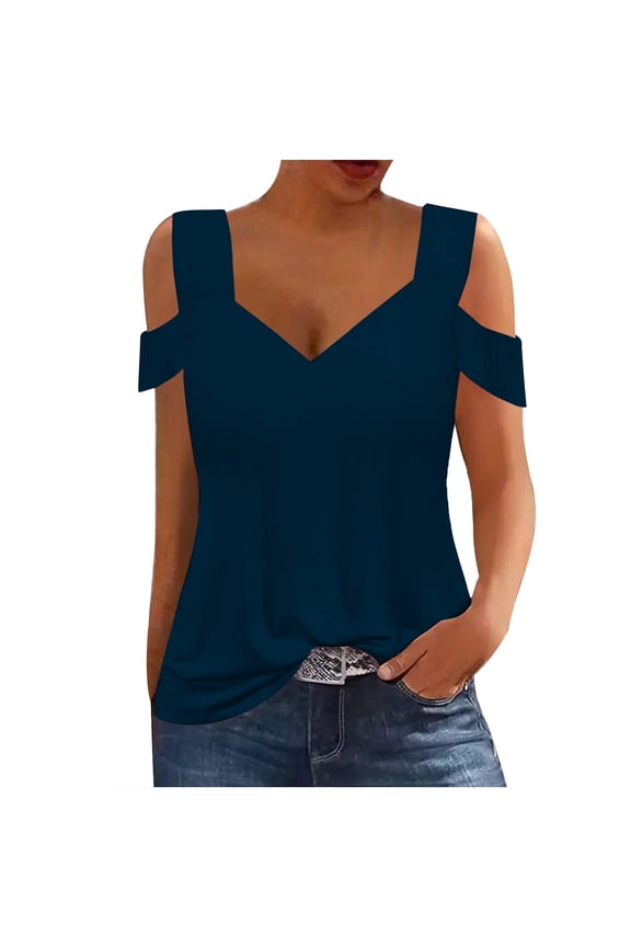 Cotton Cold Shoulder Tops for Women Sexy Casual V Neck T Shirt Loose Fit Short Sleeve Summer Strappy Tunics (Large, Navy)