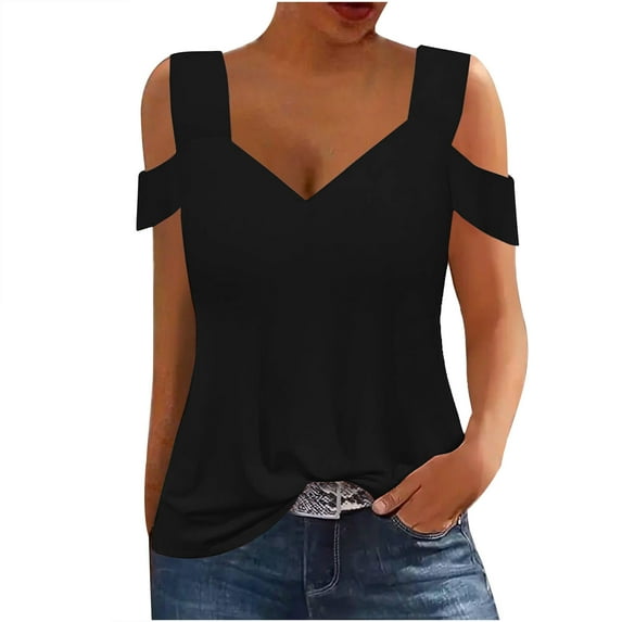 Charella Cotton Cold Shoulder Tops for Women Sexy Casual V Neck T Shirt Loose Fit Short Sleeve Summer Strappy Tunics (Medium, Black)
