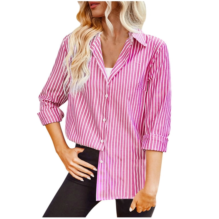 Charella Cotton Ladies Button Up Shirts Classic Striped Dress Shirt Long  Sleeve Collared Office Work Blouses Tops (Medium, Pink) - Walmart.com