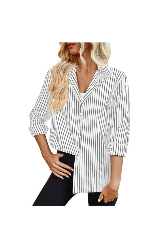 Cotton Ladies Button Up Shirts Classic Striped Dress Shirt Long Sleeve Collared Office Work Blouses Tops (X-Large, White)