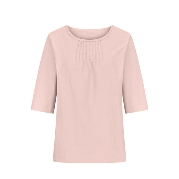 Charella Cotton Linen Tops for Women Solid Color Middle Sleeve Shirt Pink,4