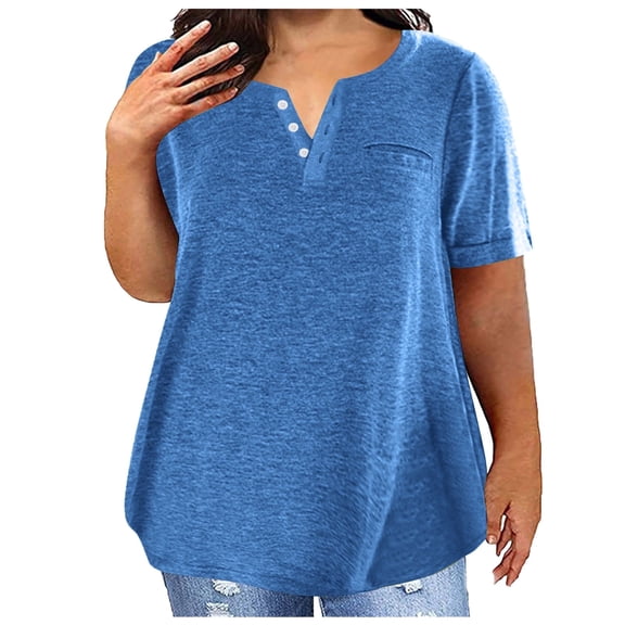 Charella Cotton Tops for Women Plus Size V Neck Basic Tee Shirts Summer Casual Short Sleeve Plain Tshirts, 3XL Blue #A